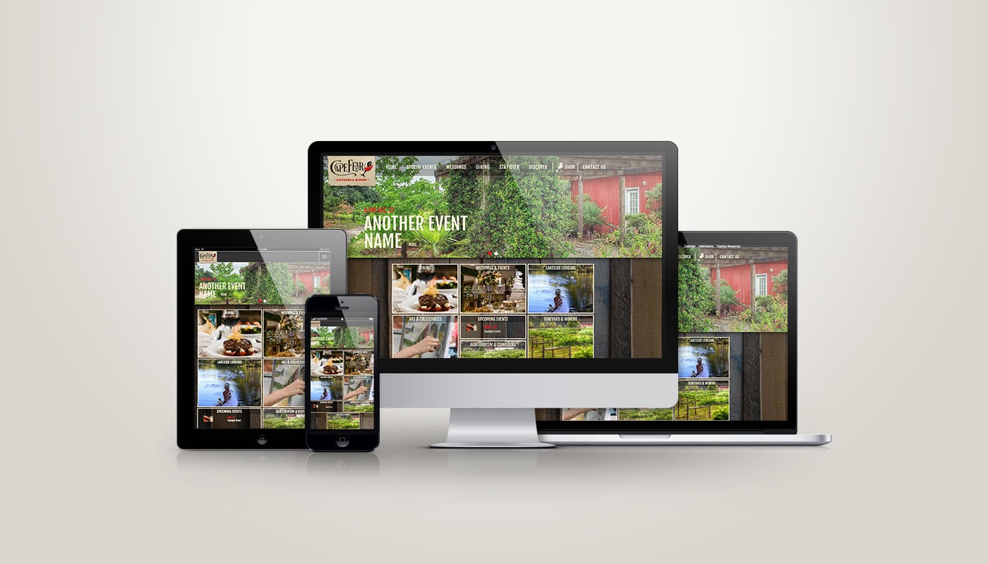 Cape Fear Winery website designed by DesignLoud, shown on desktop, tablet and mobile