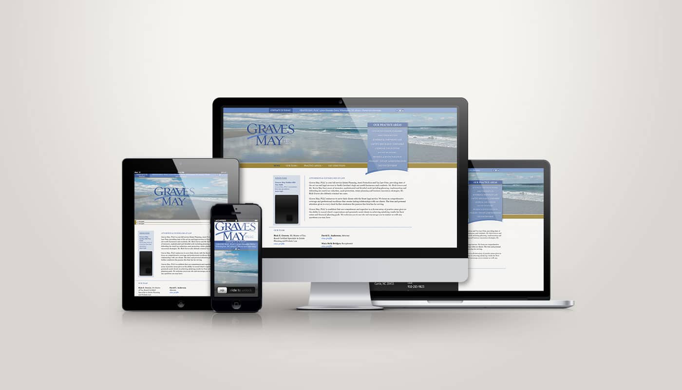 Graves May PLLC website designed by DesignLoud, shown on desktop, tablet and mobile