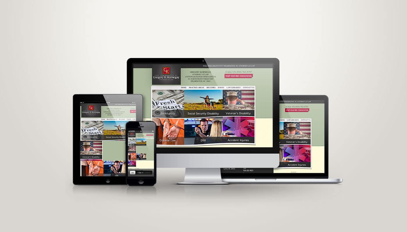 Law Offices of Gregory Kornegay website designed by DesignLoud, shown on desktop, tablet and mobile