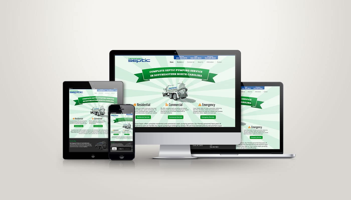 Hampstead Septic website designed by DesignLoud, shown on desktop, tablet and mobile