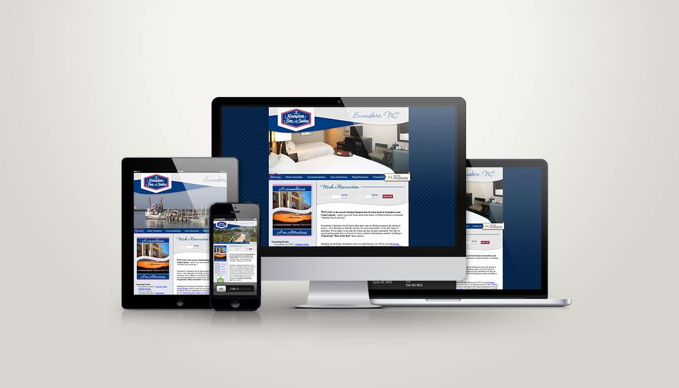 Hampton Inn of Swansboro website designed by DesignLoud, shown on desktop, tablet and mobile