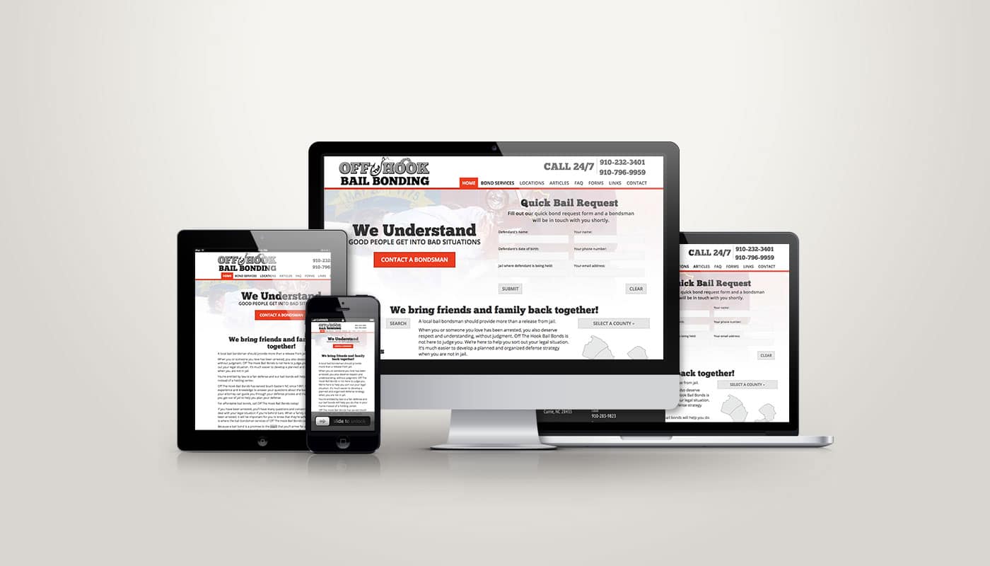 Off The Hook Bail Bonding website designed by DesignLoud, shown on desktop, tablet and mobile