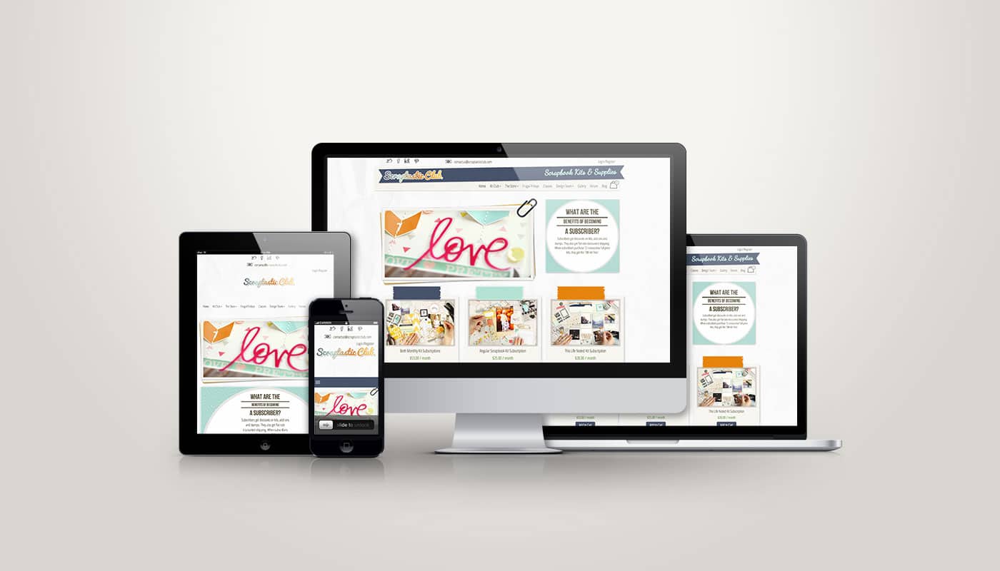 Scraptastic Club website designed by DesignLoud, shown on desktop, tablet and mobile