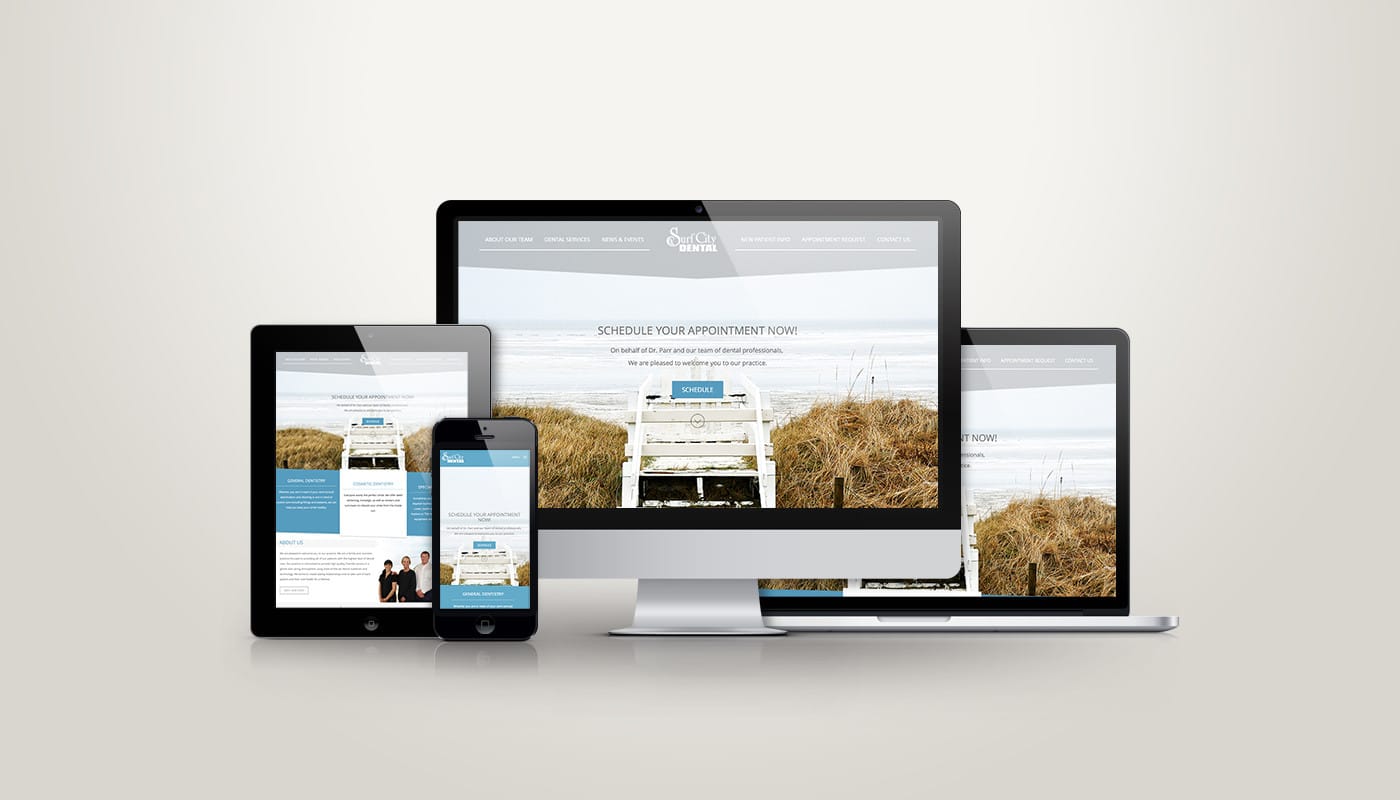 Surf City Dental website designed by DesignLoud, shown on desktop, tablet and mobile