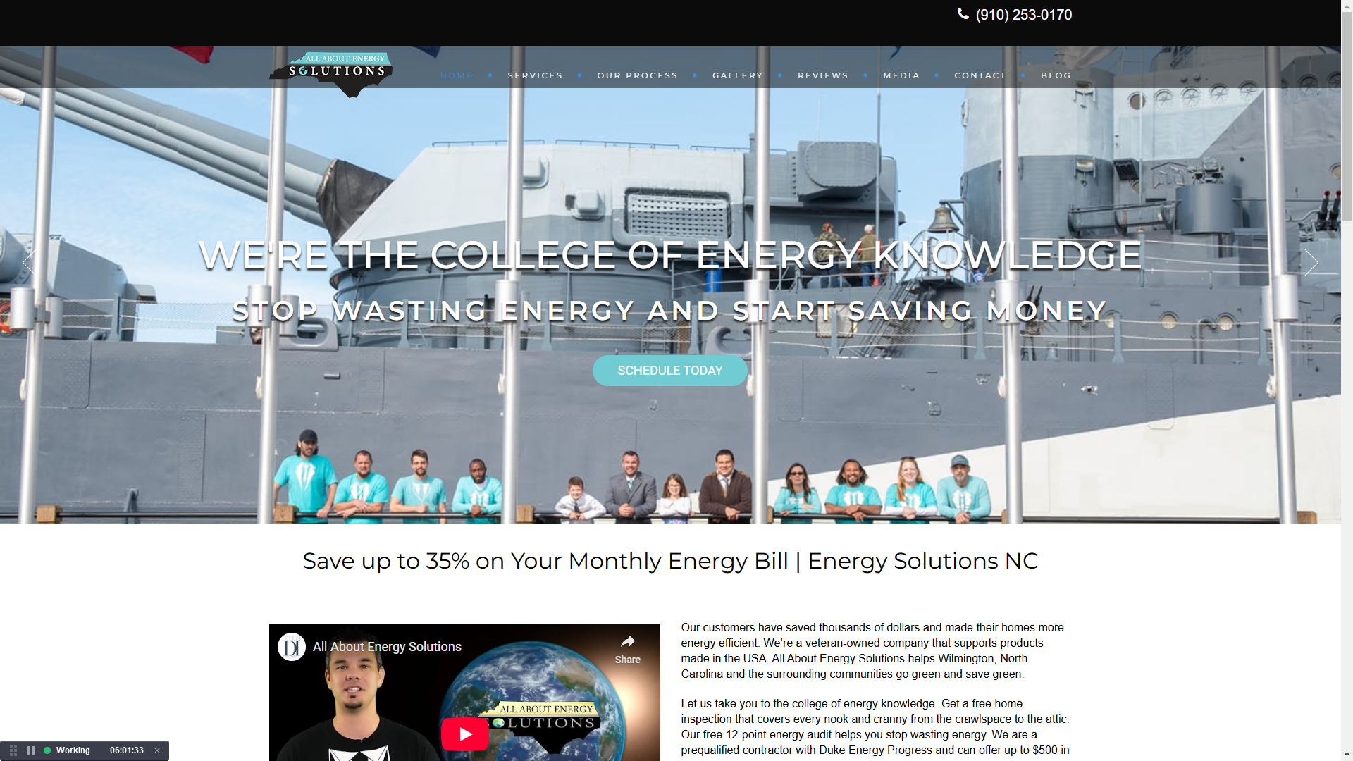 All About Energy Solutions website homepage featuring the team in front of a battleship