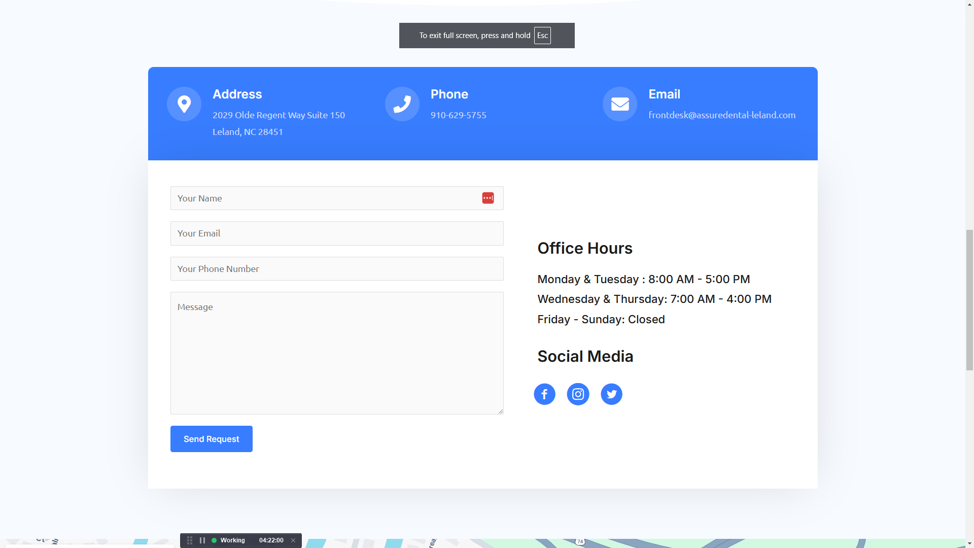 Assure Dental website contact section with a request form and office hours