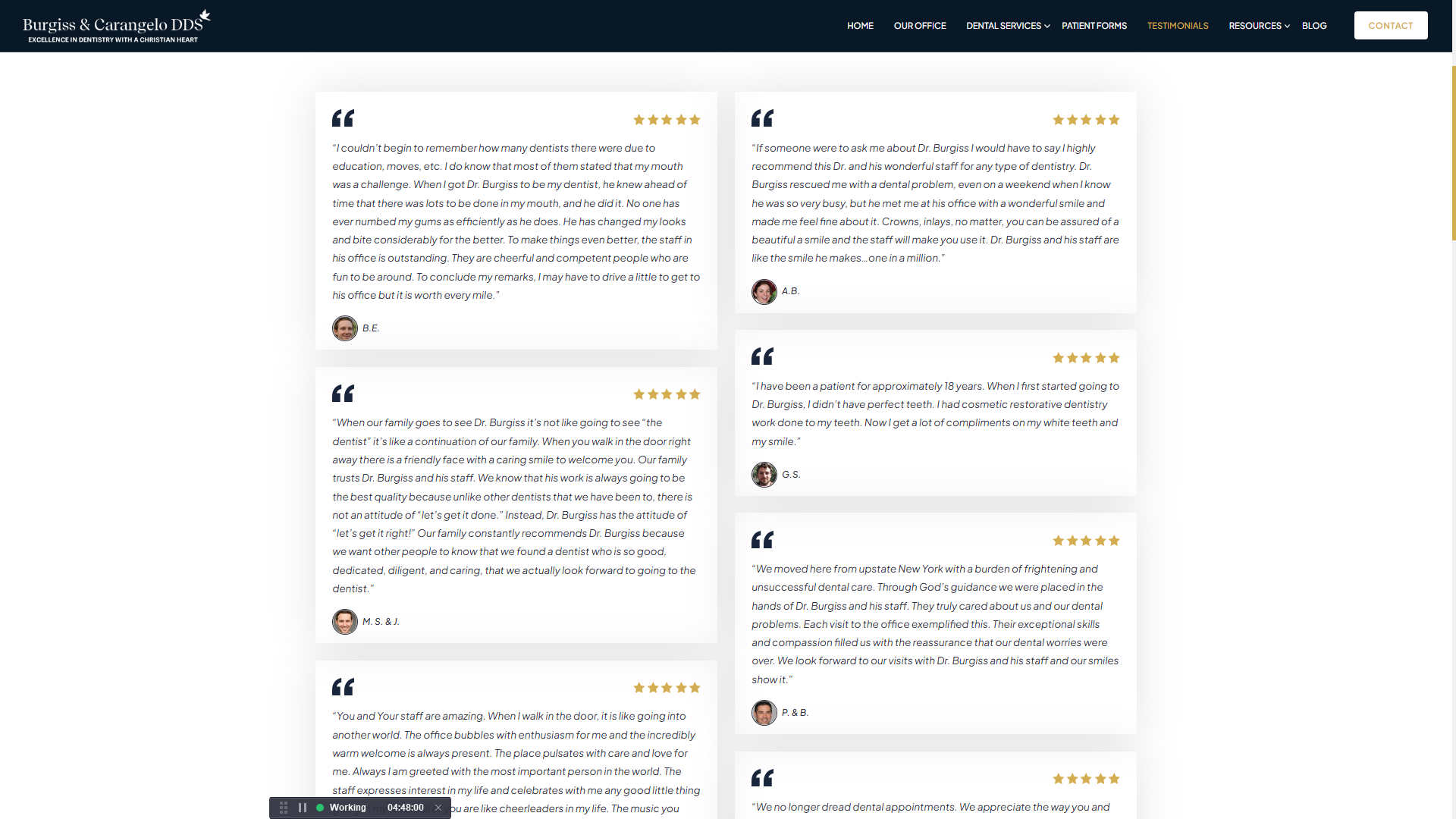 Burgiss & Carangelo DDS website patient testimonials page