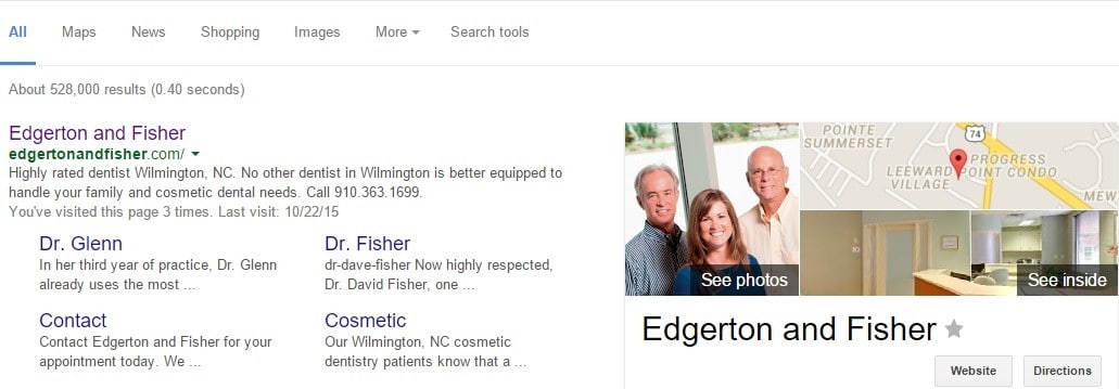 Google search results for Edgerton & Fisher with sitelinks and a business panel