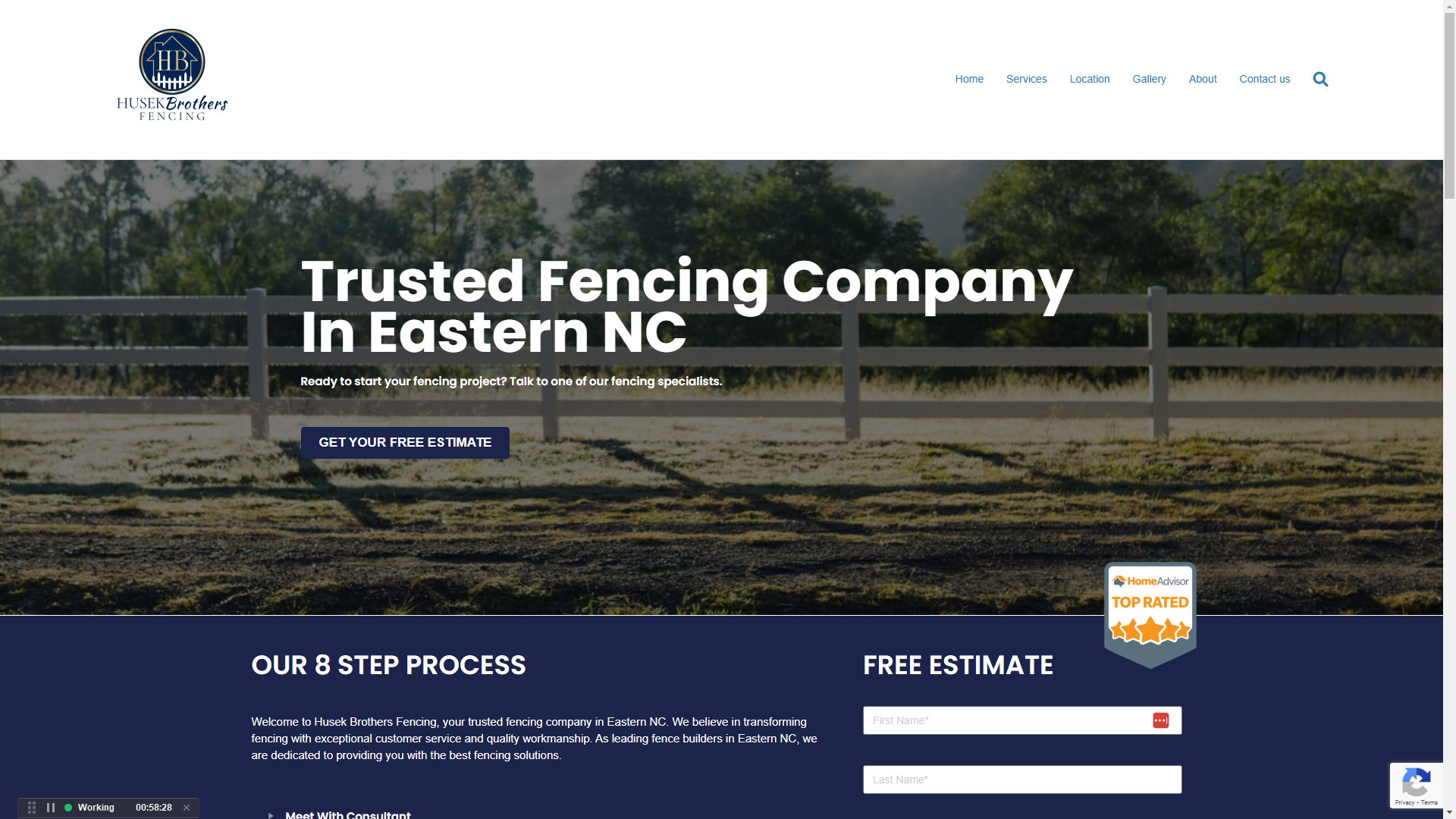 Husek Brothers Fencing website homepage with free estimate call to action