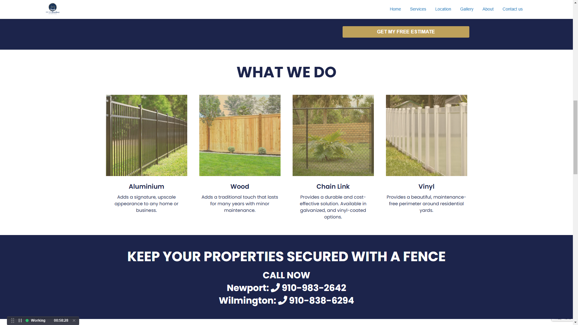 Husek Brothers Fencing website section showing aluminum, wood, chain link and vinyl fences