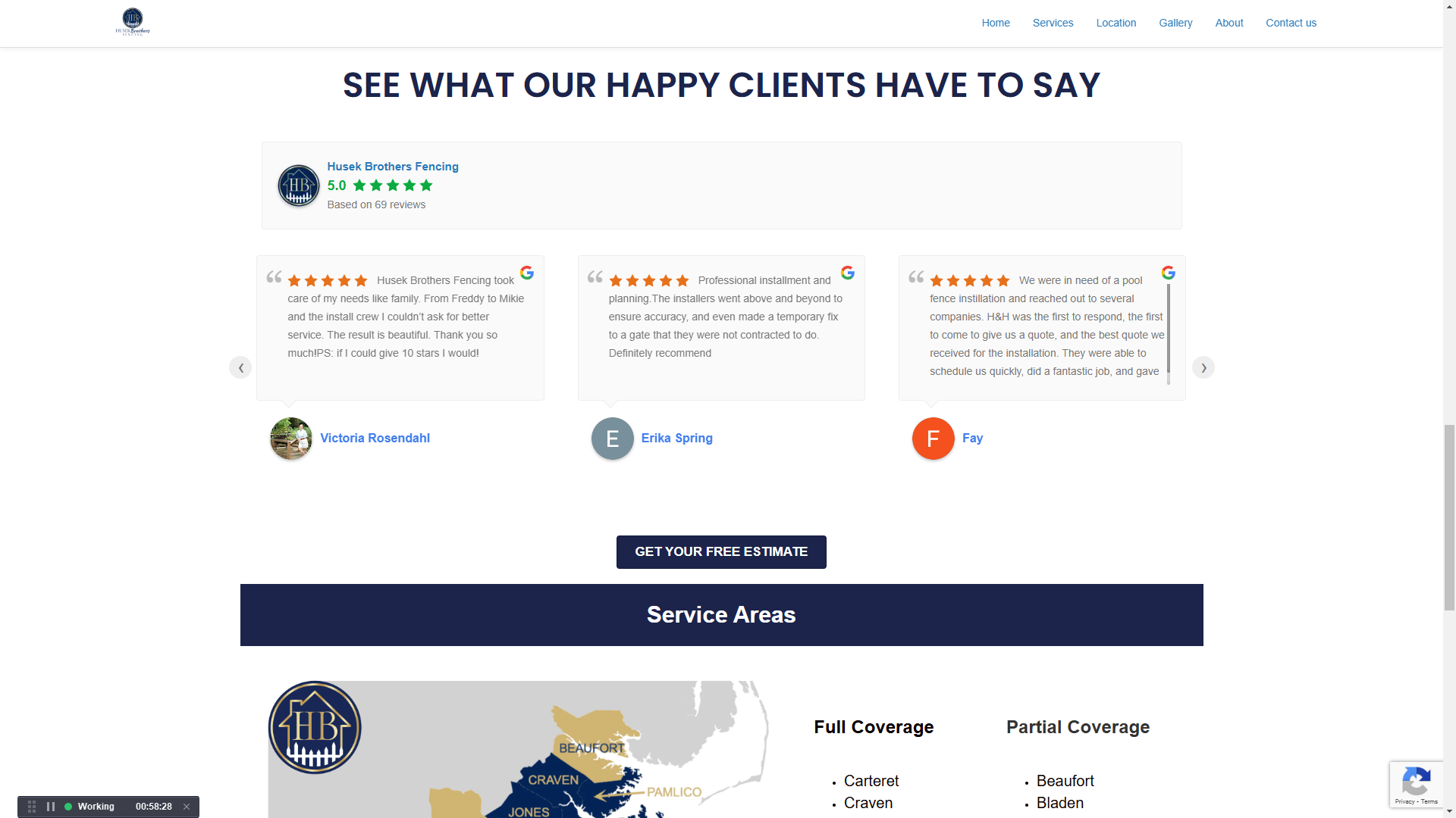 Husek Brothers Fencing website client reviews and service areas map
