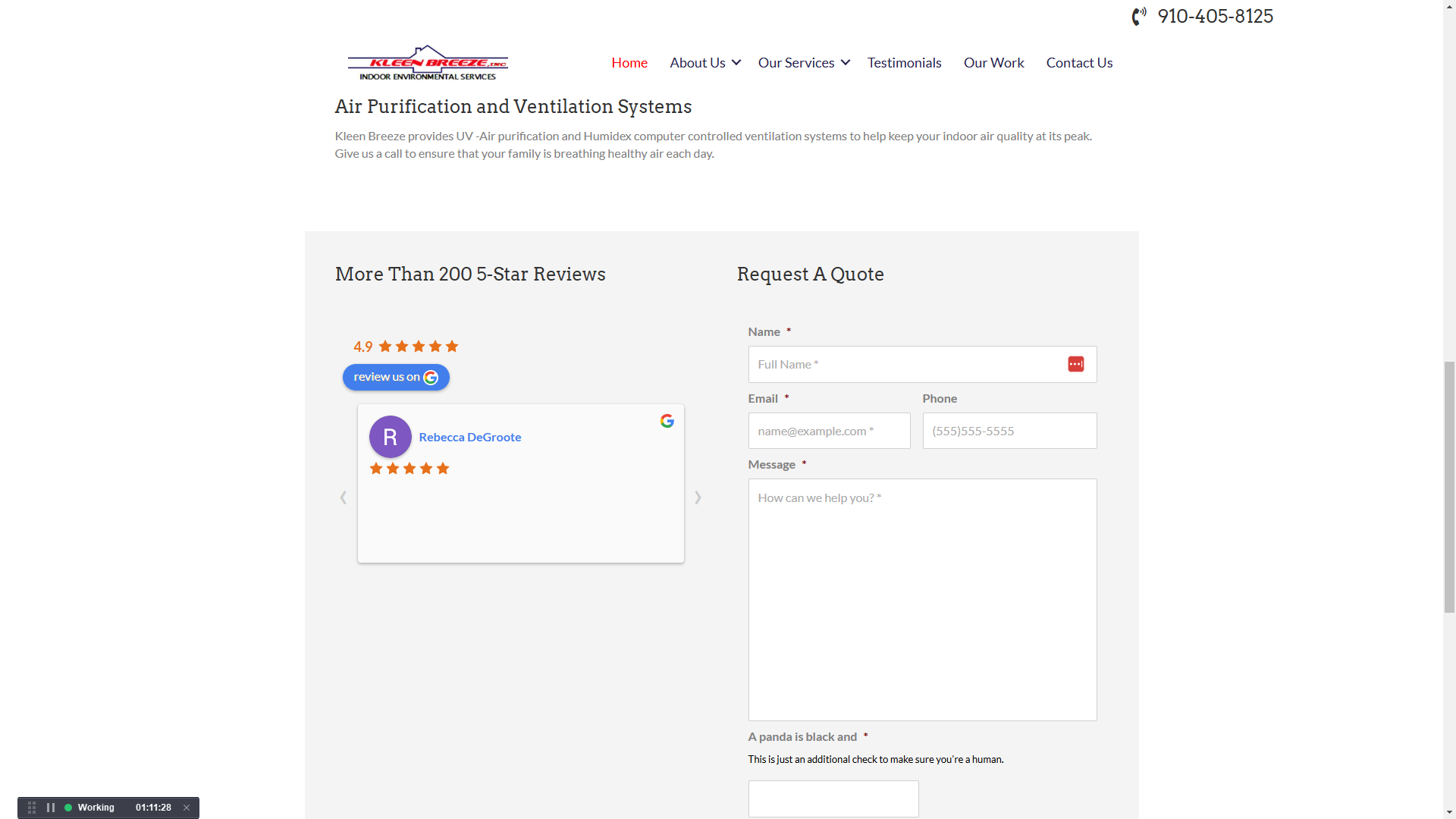 Kleen Breeze website customer reviews and quote request form