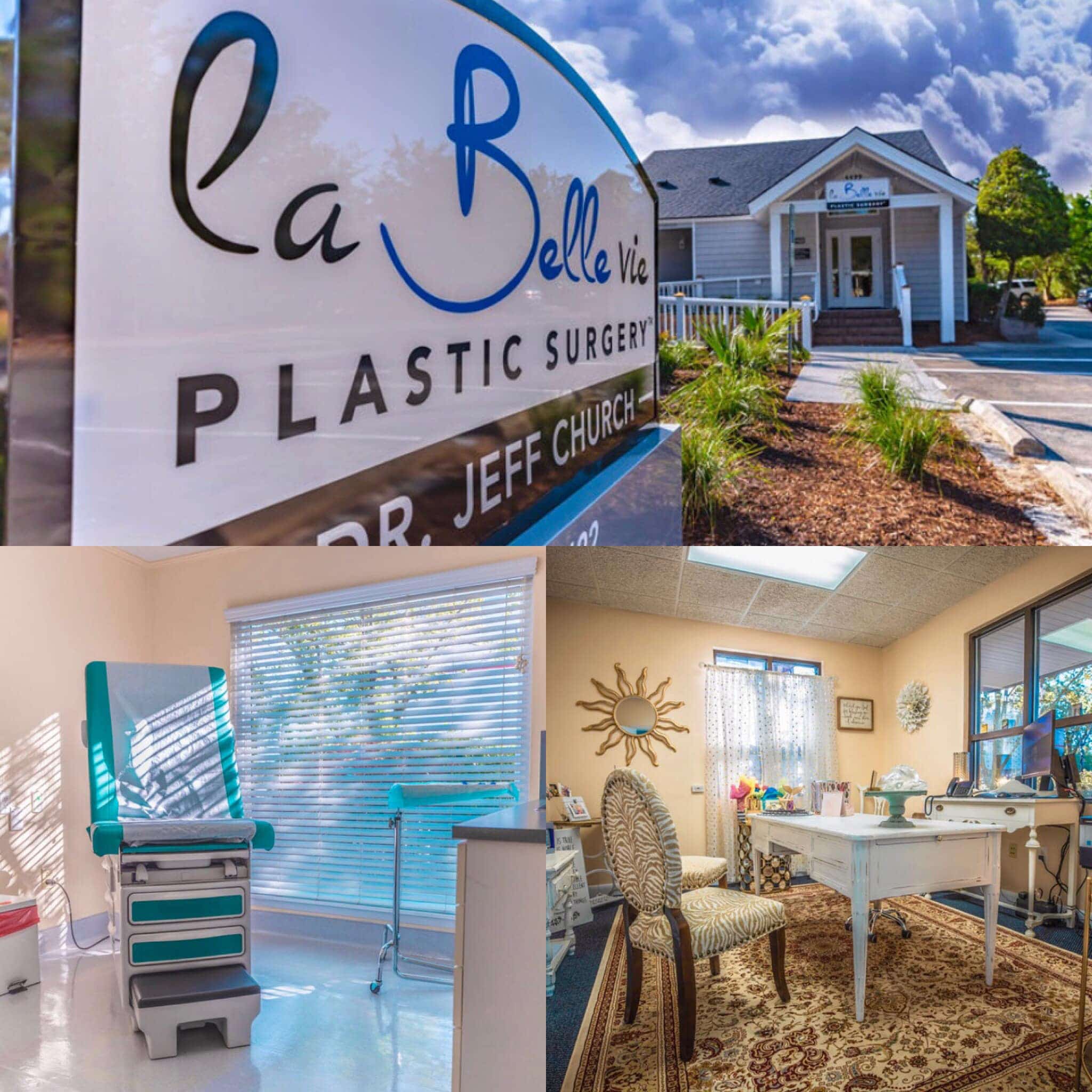 La Belle Vie Plastic Surgery office sign, building exterior and interior rooms