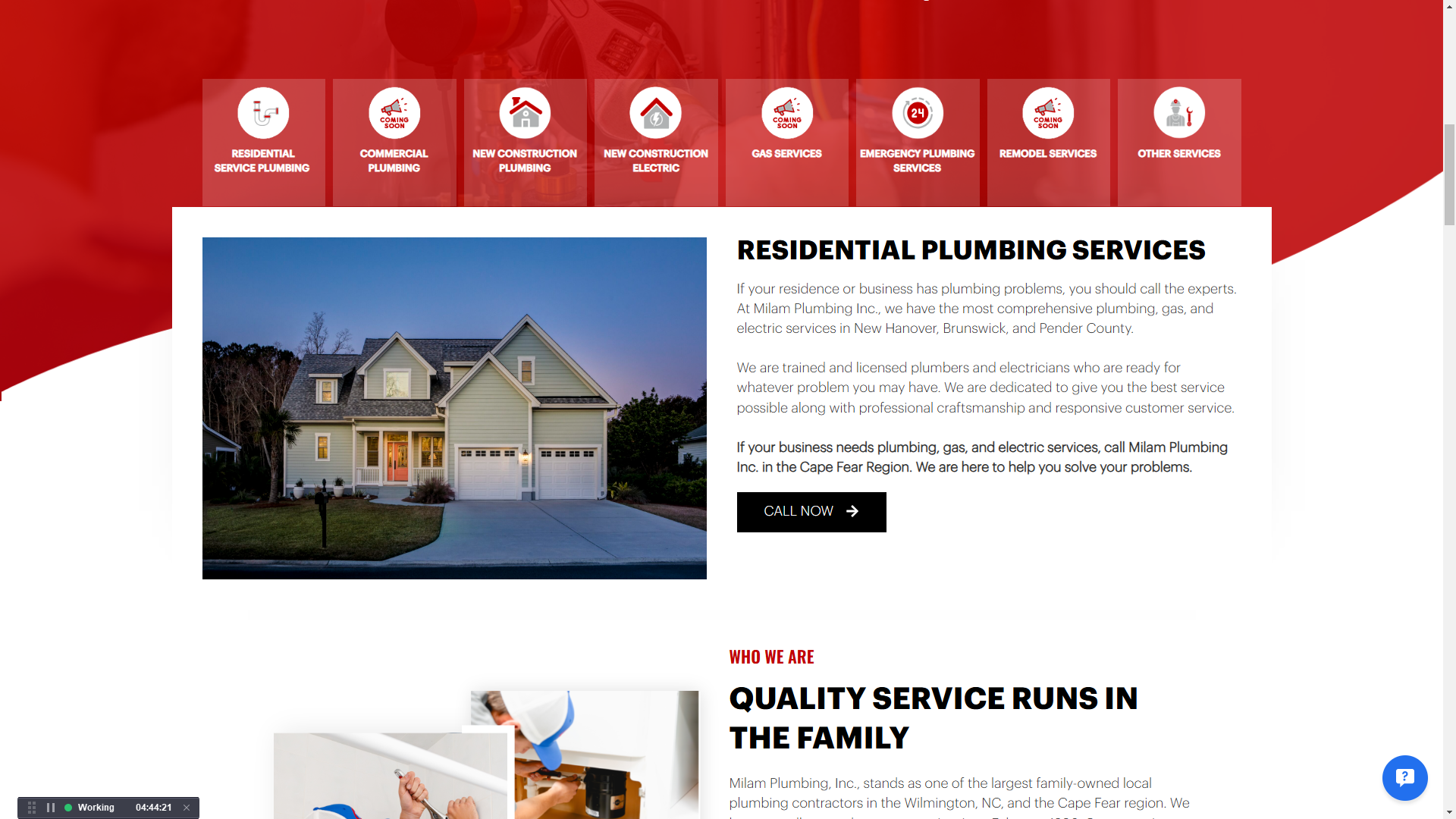 Milam Plumbing website services section featuring residential plumbing