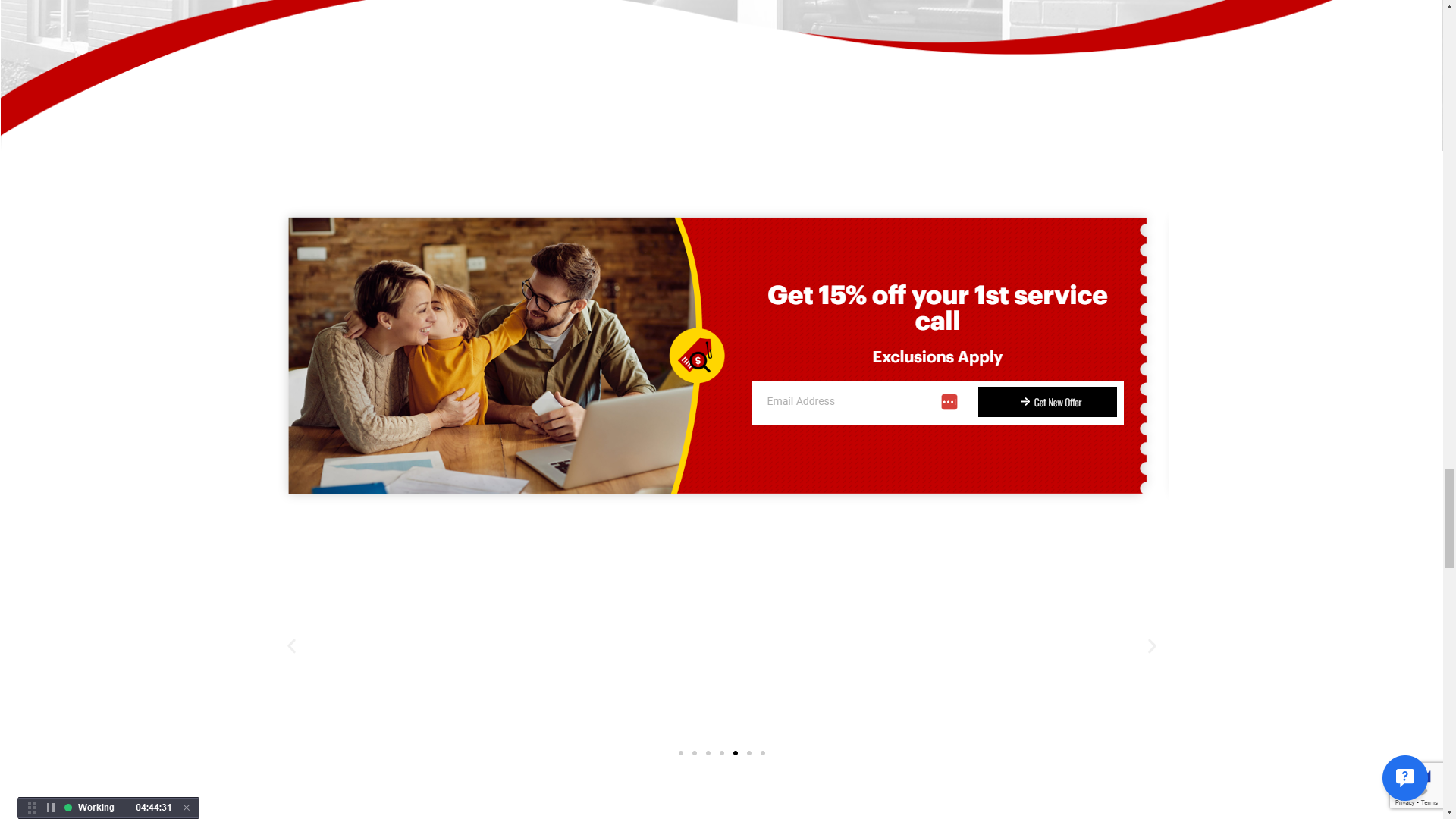 Milam Plumbing website promotion offering 15% off the first service call