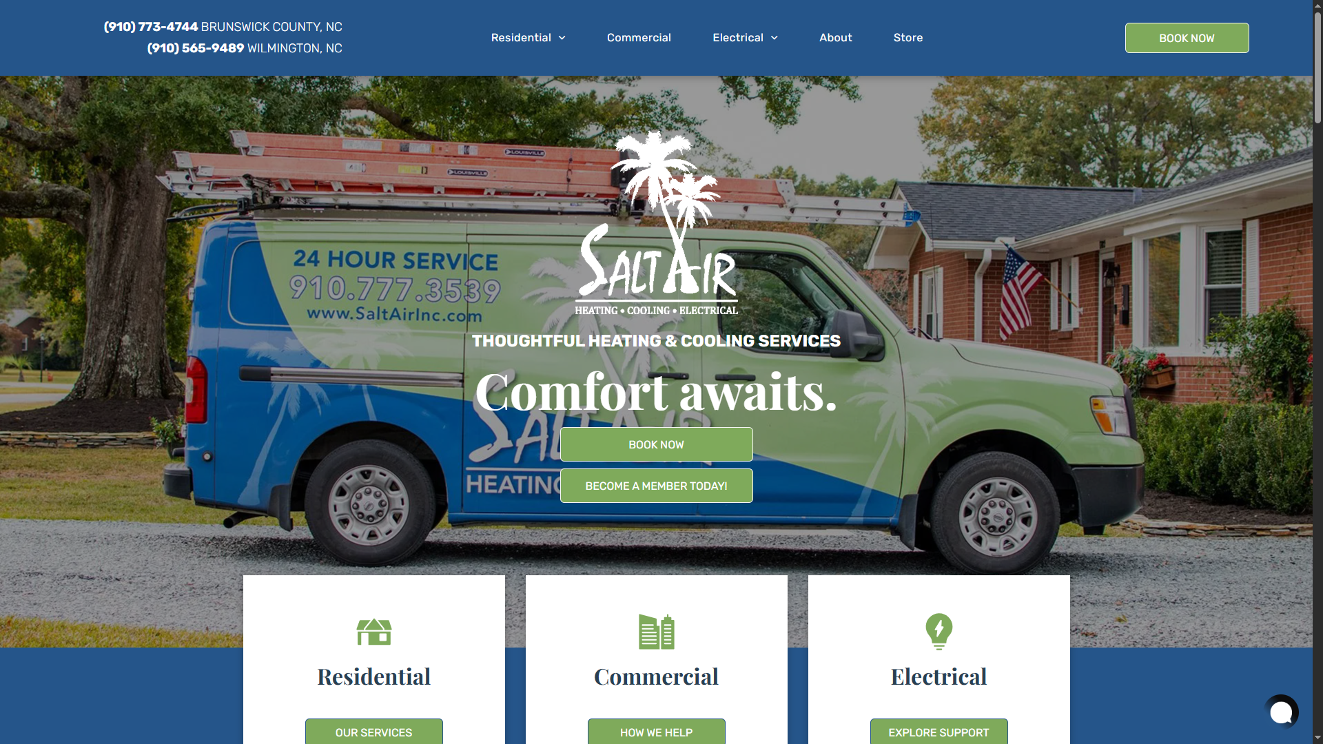 Salt Air website homepage with a company service van and booking buttons