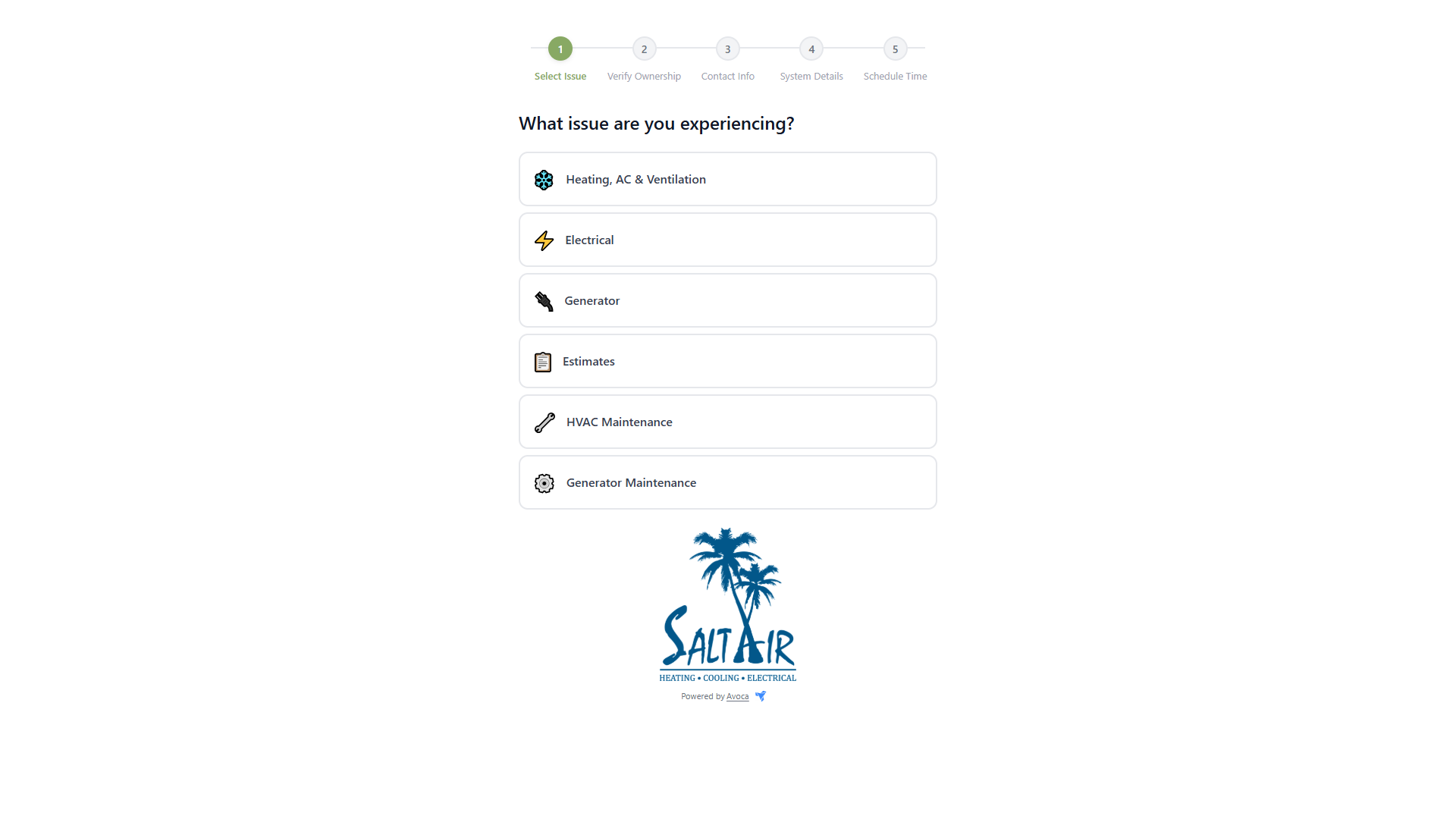 Salt Air online booking form for selecting a service issue