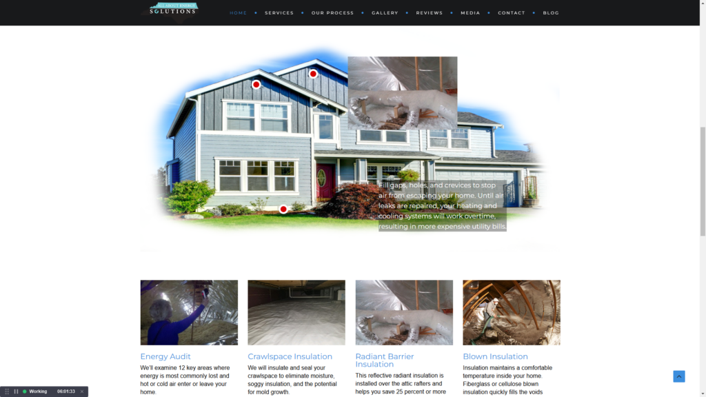 All About Energy Solutions website services section with an interactive home diagram