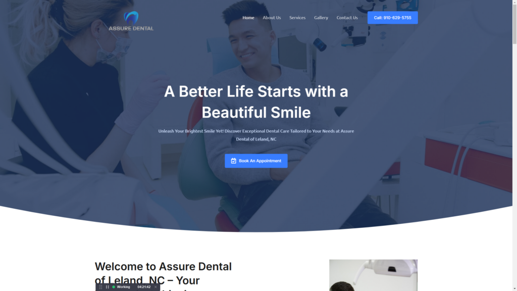 Assure Dental website homepage with an appointment booking button