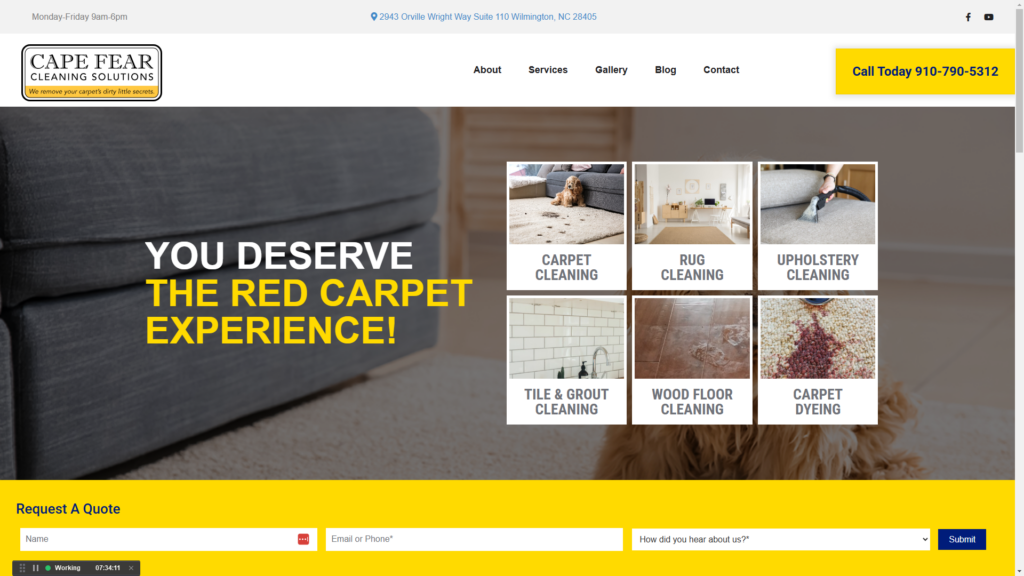 Cape Fear Cleaning Solutions website homepage with service tiles and quote form