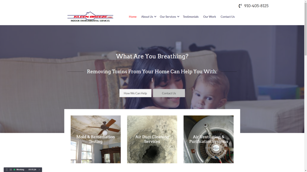 Kleen Breeze website homepage with indoor air quality services