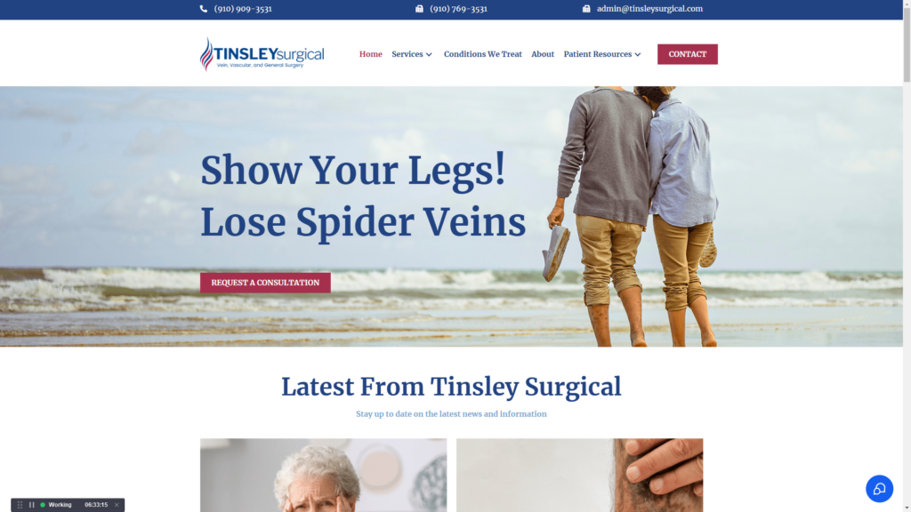Tinsley Surgical website homepage with spider vein treatment banner