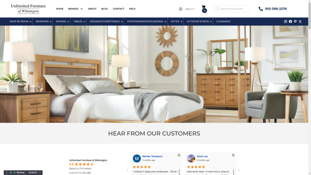 Unfinished Furniture of Wilmington website homepage featuring a wooden bedroom set