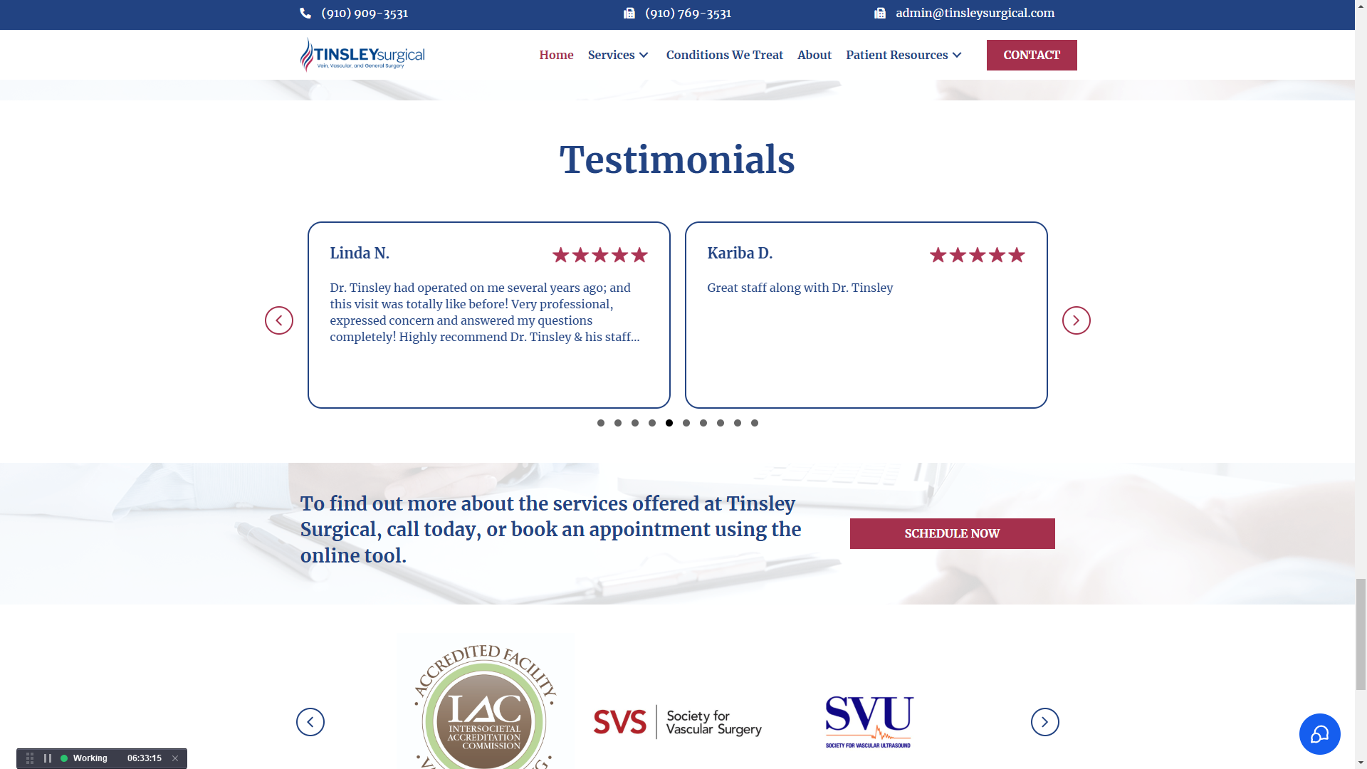 Tinsley Surgical website testimonials and accreditation logos